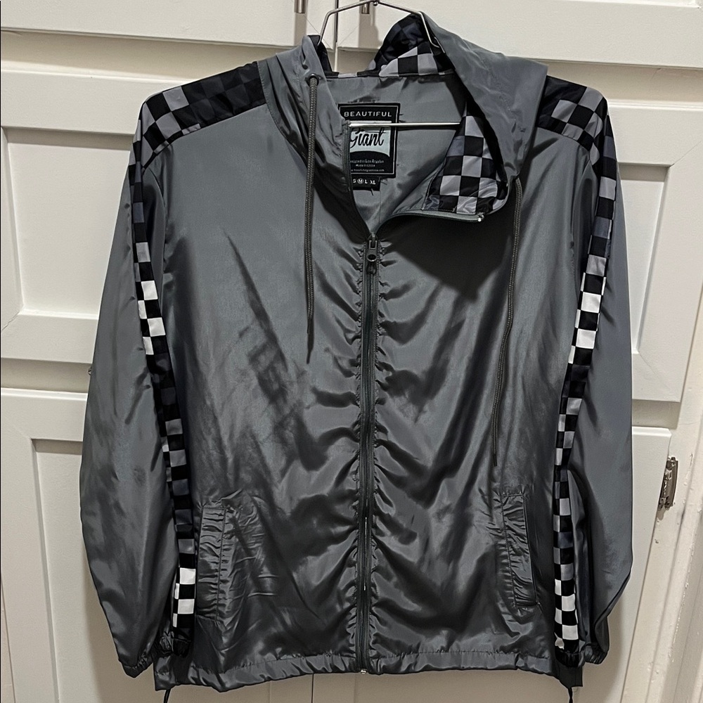 Men's Gray Windbreaker with Checkered Accents